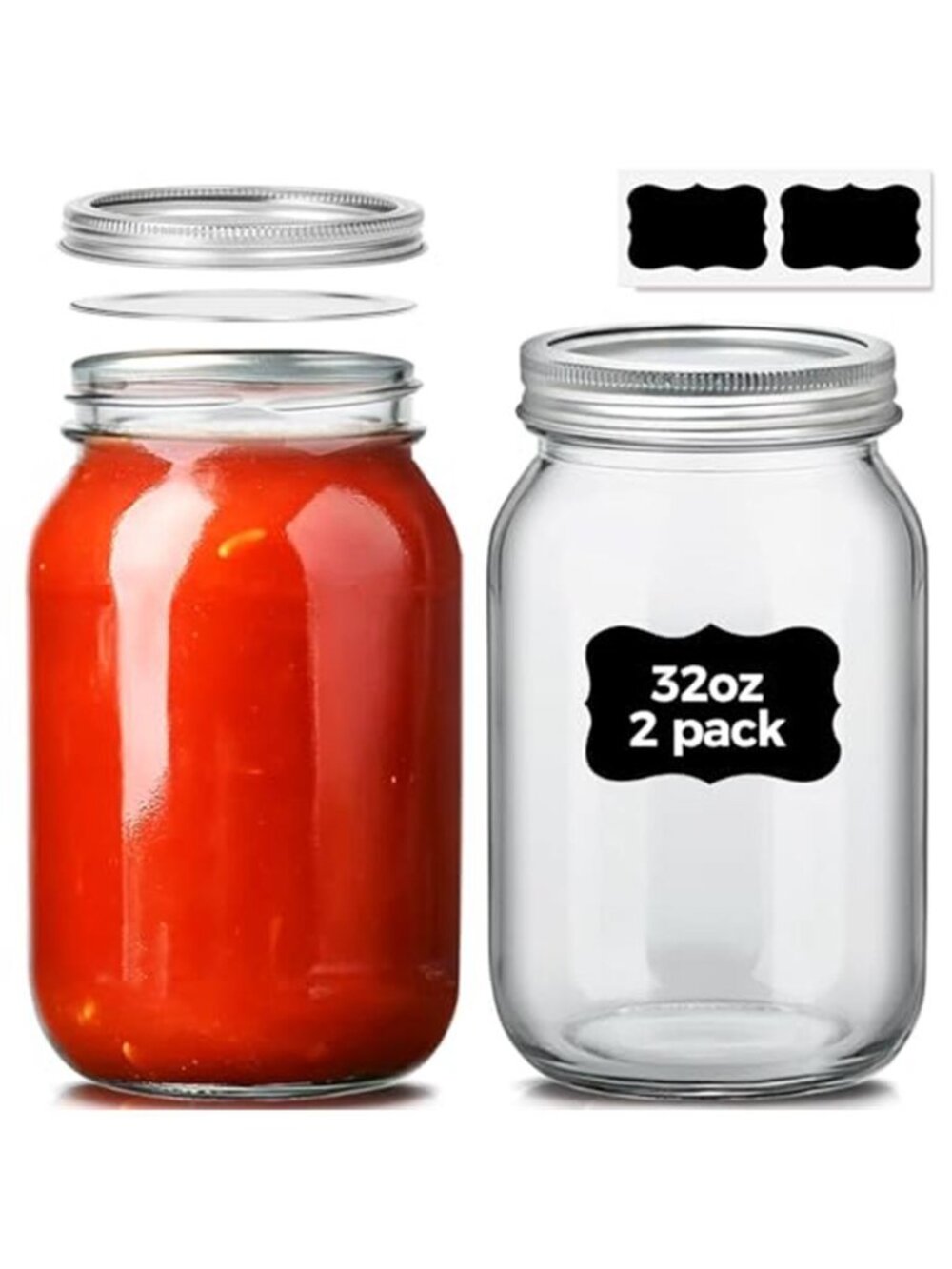 Wide Mouth Mason Jars 32 oz with Lids 2 Pcs, Quart Mason Jars with Seal Band